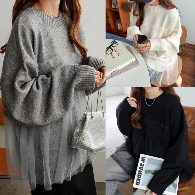 2025New Heavyweight Rabbit Velvet Core Spin Yarn Knitted Sweater Mesh Splicing Fake Two-Piece Women's Knitted Top