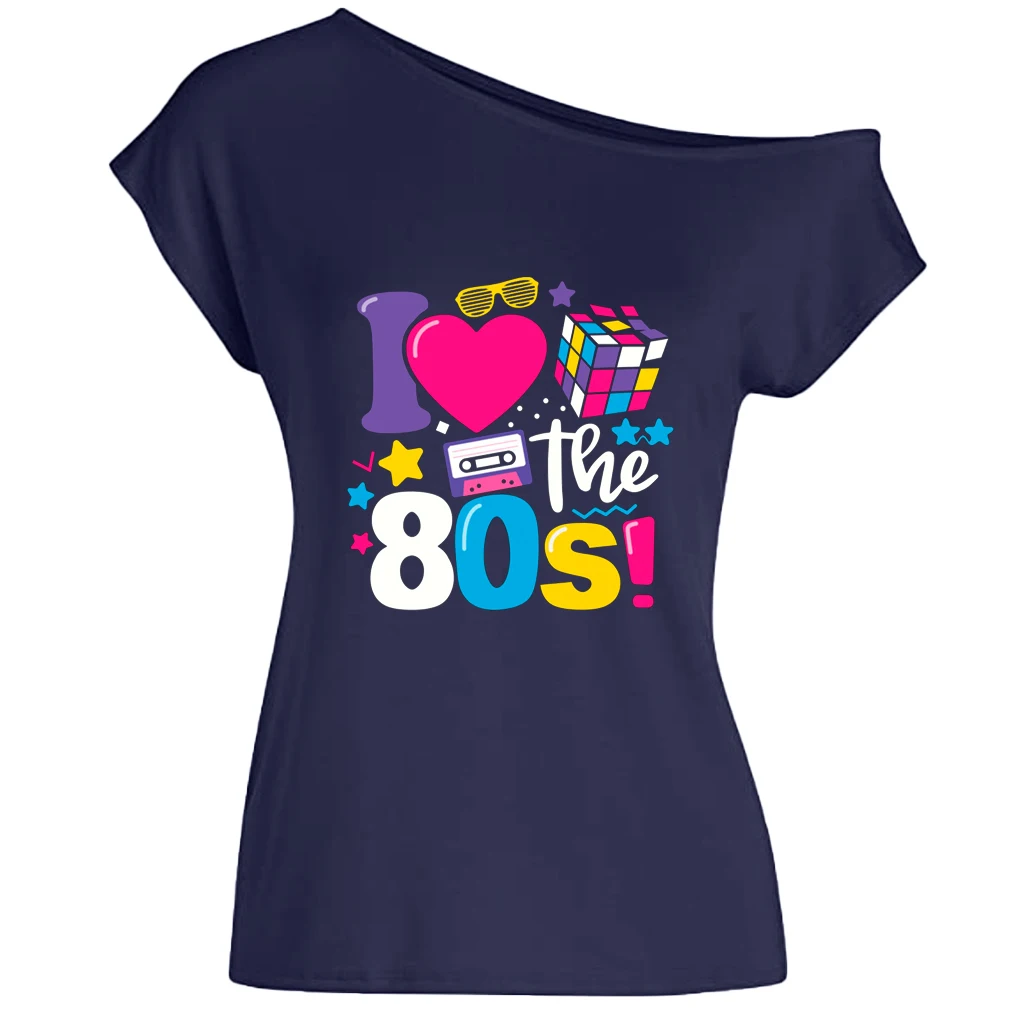 XUANSHOW 2024 Sommer I Love the 80s Emotional Element T-Shirt Sexy Off Shoulder Tops Kurzarm Buchstaben bedrucktes T-Shirt – Detail 28