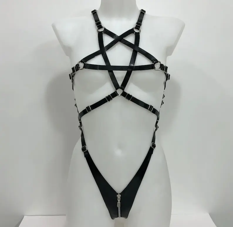 

rubber Harness sexy Black Latex Pentagram Harness customized handmade rubber clubwear fashion cosplay