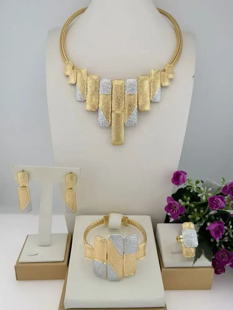 Luxury 18K Gold Plated 4Pcs Jewelry Set for Women Geometric Color Block Bib Necklace Earrings Bracelet Ring Bridal Wedding Party