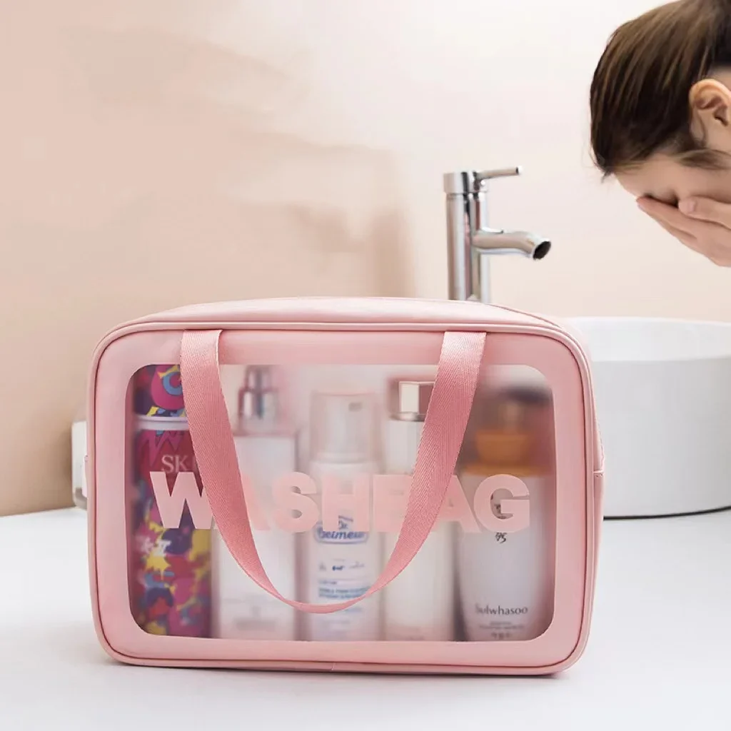 Scatola per il trucco trasparente smerigliata in Pu borsa da toilette da viaggio impermeabile borsa da bagno portatile di grande capacità borsa per