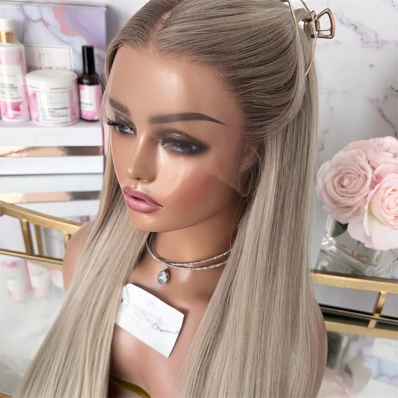 Super Long Straight Wig Middle Part Ombre Ash Platinum Blonde Balayage Highlights HD Lace Front Wig High Quality Synthetic Wig