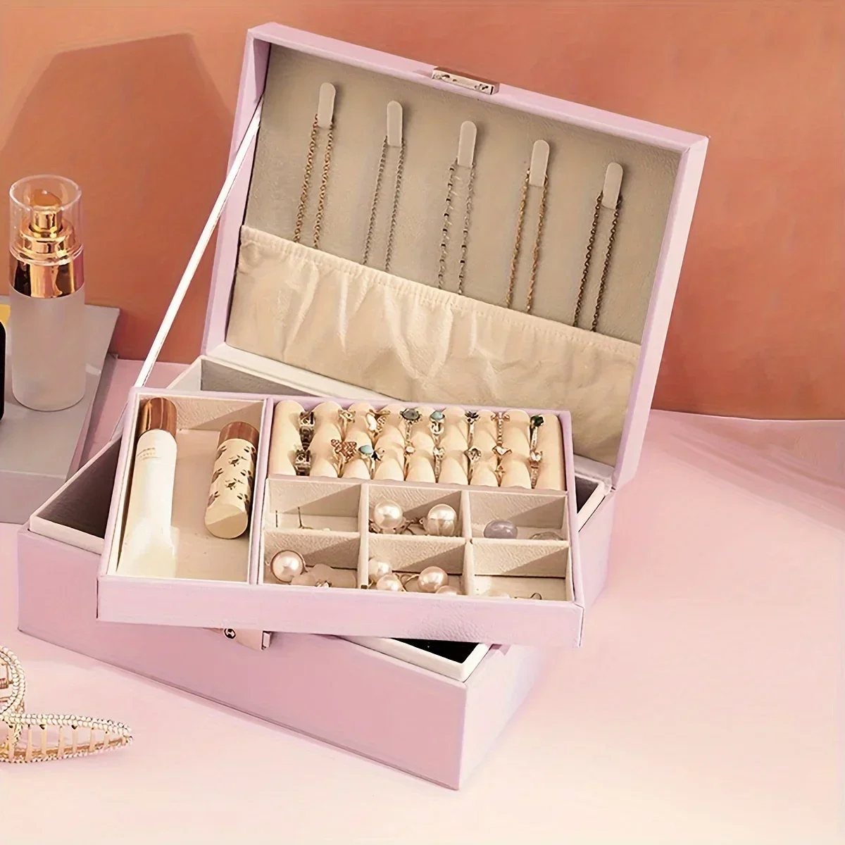 قطعة واحدة - خزانة تخزين مجوهرات جلدية مزدوجة الطبقات مع قفل - مساحة تخزين واسعة للخواتم والأقراط والقلائد #1