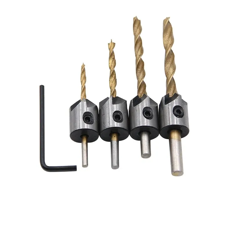 4pc Gold Three Pointed Woodworking Countersunk Drill with Screw Expansion Drill Hole Opener Electric Drilling Tool Accessories