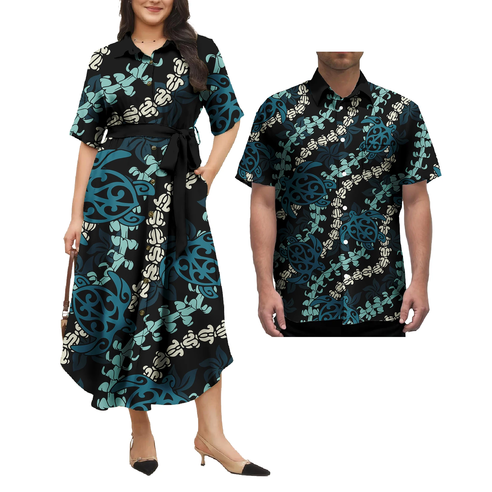 Polynesian Puletasi Dresses Women Lady Elegant Sexy Casual Dress and Men Shirt Sets Couple Matching Clothing