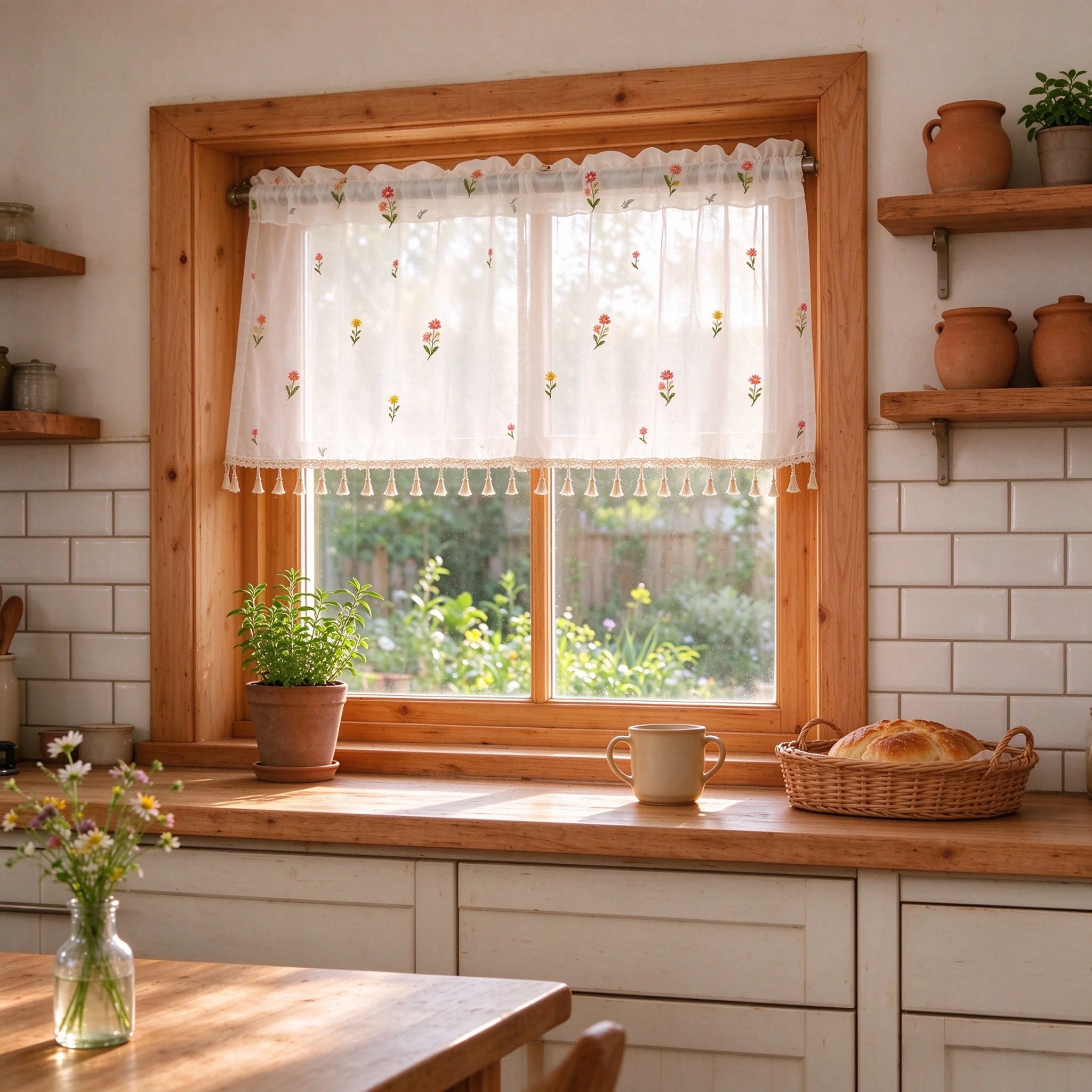 Fresh Romantic Pastoral Embroidered Tulle Curtains Farmhouse Fringe Short Curtains For Kitchen Window Home Decor