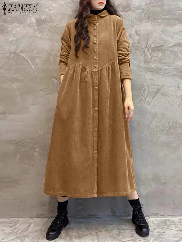ZANZEA Turn-down Collar Streetwear Midi Dress Women Corduroy Casual Waist-Gathering Button Up Shirt Dress Long Sleeve Vestidos