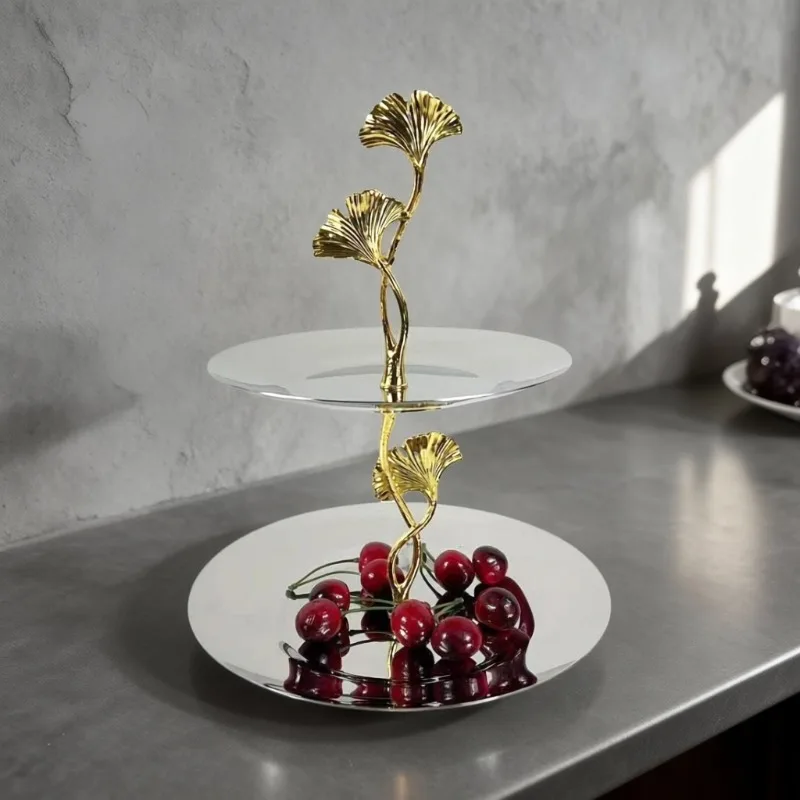 Nordic Modern Snack Plates Minimalist Round Double‑Tier Stainless Steel Metal Ginkgo Leaf Fruit Plates Household Tableware