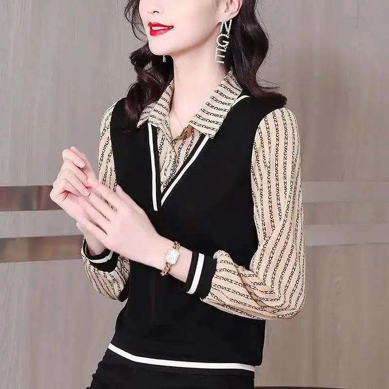 2023 Spring and Autumn Women Letter Print Patchwork Shirt Elegant Korean Fashion Office Lady Blouse Long Sleeve Slim Tops Blusas