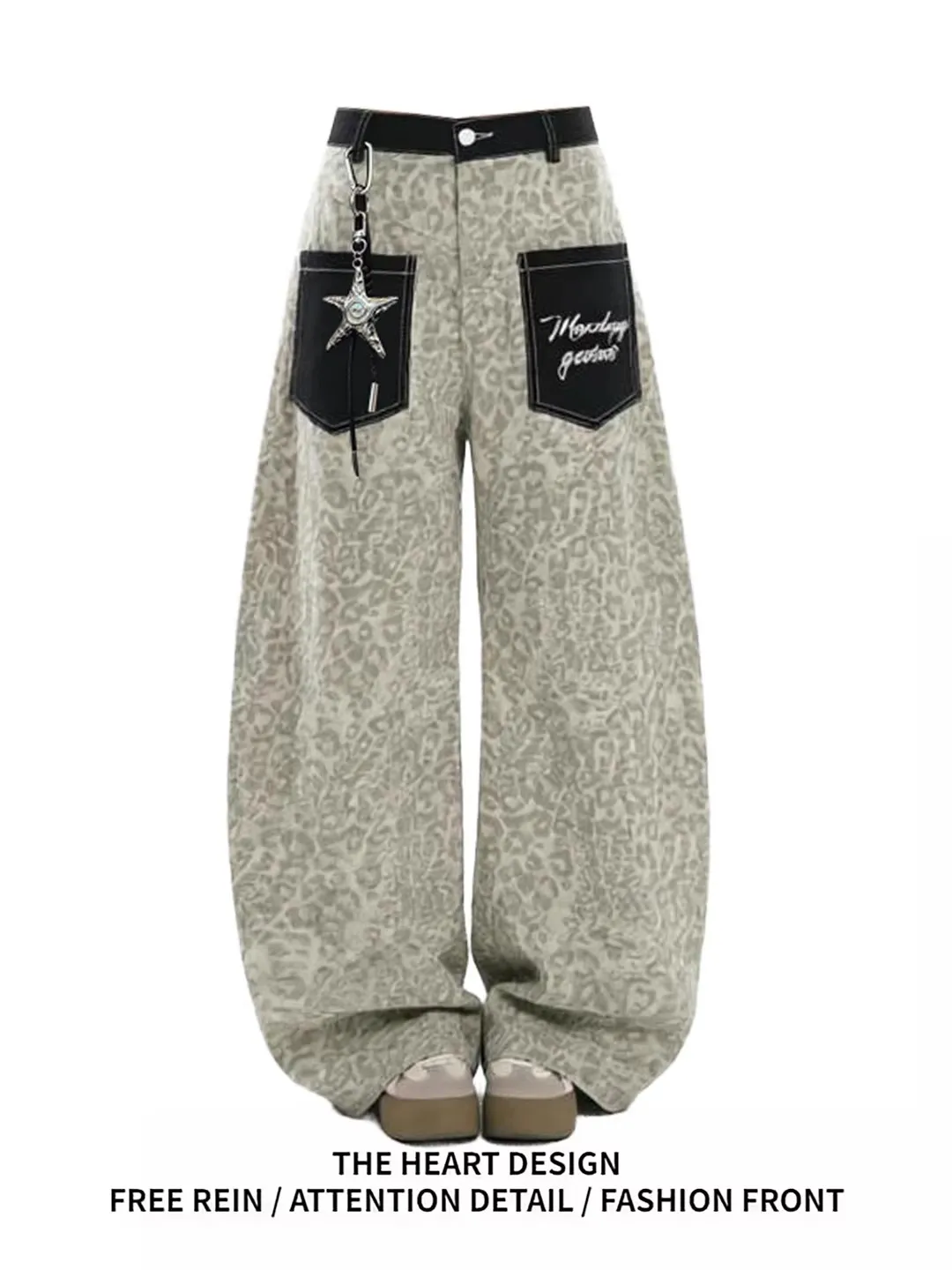 

Retro American Leopard Print Splicing Jeans Women's Spring Autumn New Trend Loose Slim Wide Leg Knife Pants