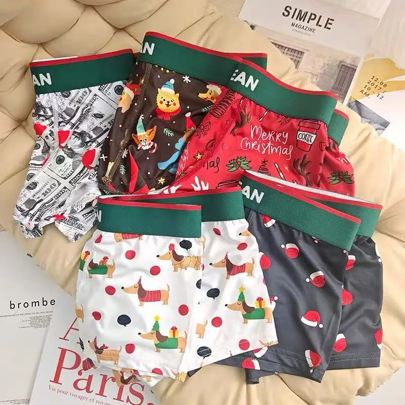 2Pcs Men's Boxer Shorts Christmas Print Boxer Briefs Soft Breathable Stretchy Elastic Waist Comfortable Underwear for Daily Wear