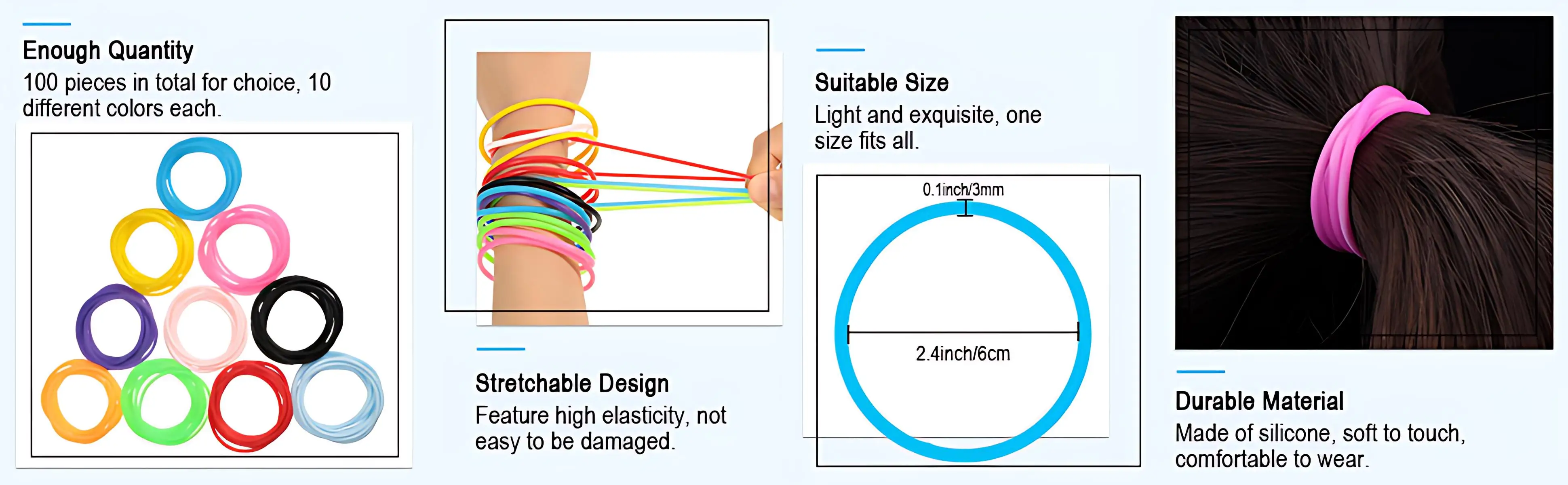 100 Pcs 80s Multicolor Silicone Jelly Rubber Bracelets Hair Ties Women, Mixed Style, Random Color
