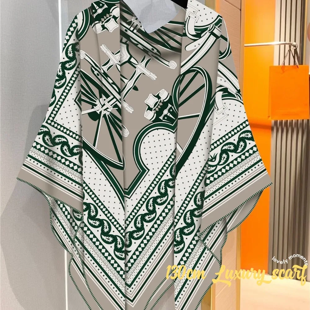 

130Cm French New Geometric Striped Carriage Imitation Silk Hair Girl Decorative Warm Shawl Scarf Large Square Scarf Luxury