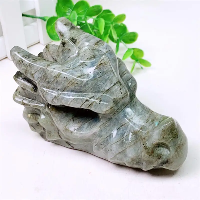 11CM Natural Labradorite Dragon Skull Carving Head Polished Animal Powerful Statue For Home Decoration Gift 1pcs