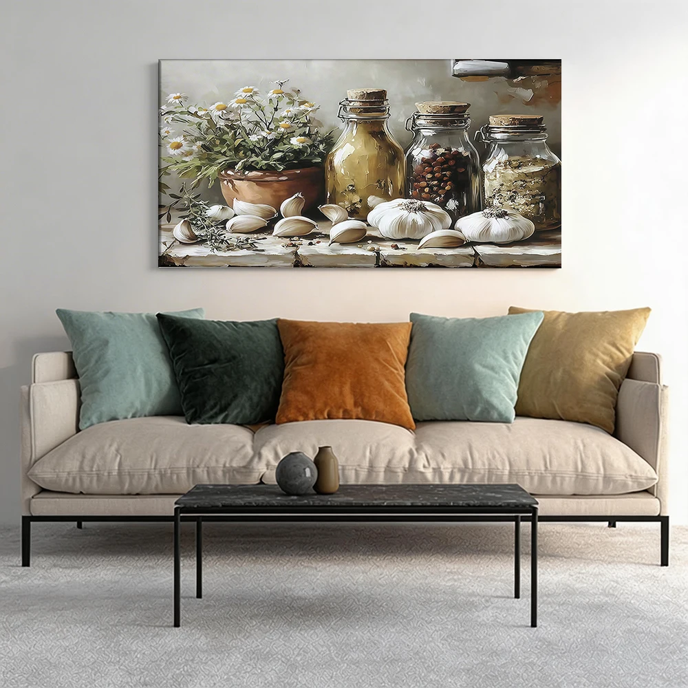 

1pcwooden frame canvas decorative painting Still-life: garlic, herbs, jars, daisies.Corridor, Living Room Decoration