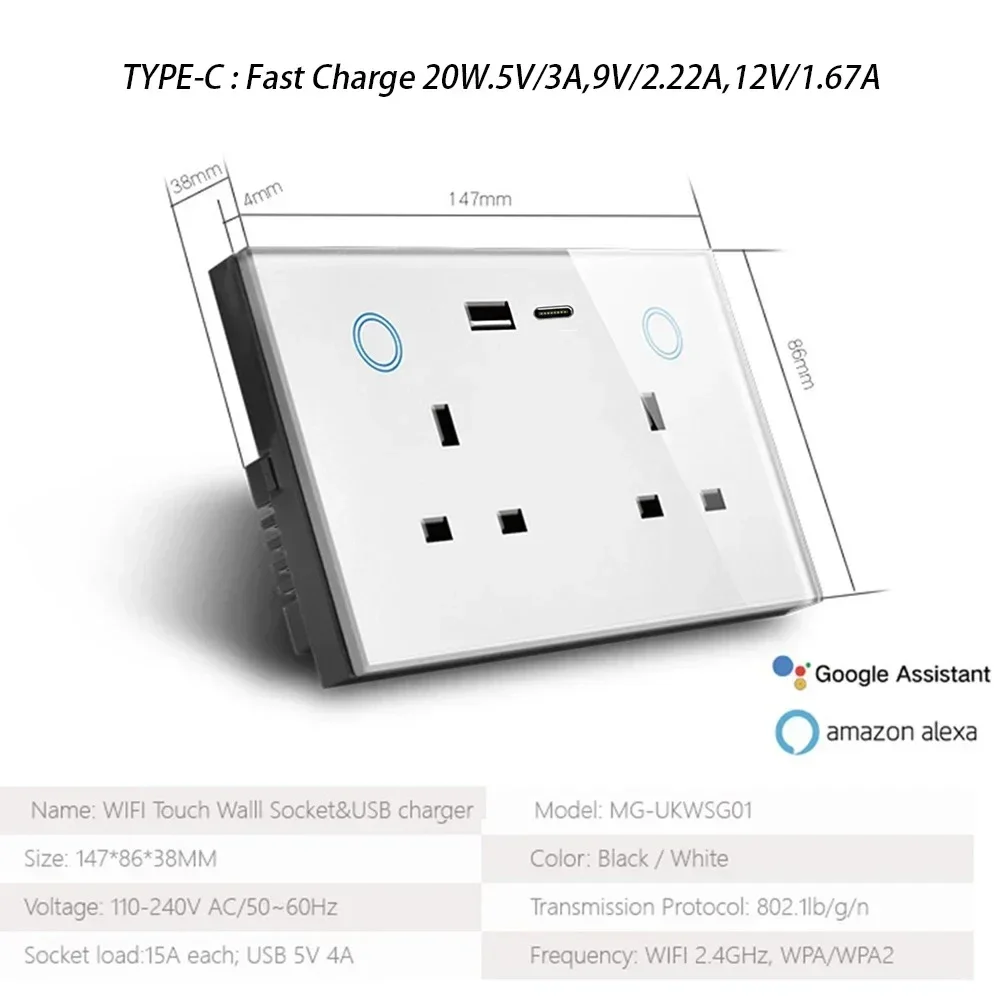 Melery WIFI Smart Tuya USB Type C PD 20W Wall Socket UK Plug Outlet Power Touch Switch Wireless Remote by Alexa Google Home