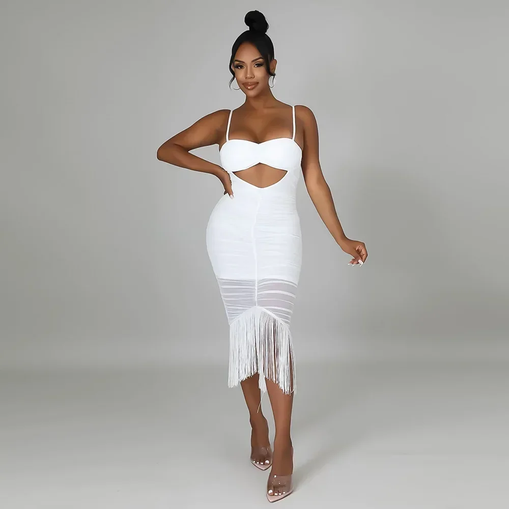Vestidos de Fiesta Ajustados de Gasa con Parches y Pliegues para Mujer, Verano 2025, con Borlas, Huecos, para Club Nocturno, Tallas Grandes