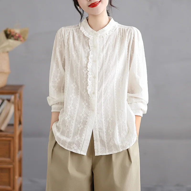 

Blouses Women Shirt Round Neck Full Sleeve Tops Solid Lace Casual Top Work Y2k Streetwear Elegant Splice Shirts 2026 Spring