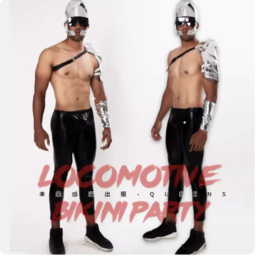 

Men's GOGO New Performance Clothing Bar Party Flash Silver Leather Mechanical Future Warrior Fashion Technology Set