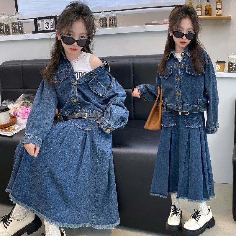 Girl's Spring and Autumn Skirt Set 2024 New Girl's Cowboy Coat Half length Skirt Fashionable Two Piece Set