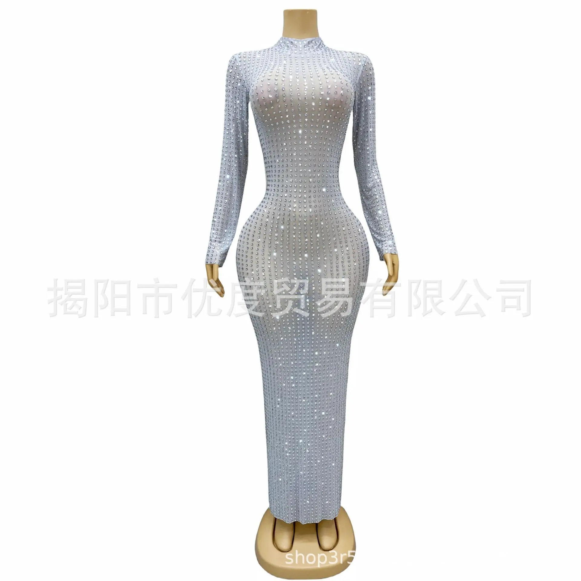 2026Full Of Small Rhinestones Tight-fitting And Bright Perspective Mesh Yarn Birthday Night Long Dress Performance Diamond Board