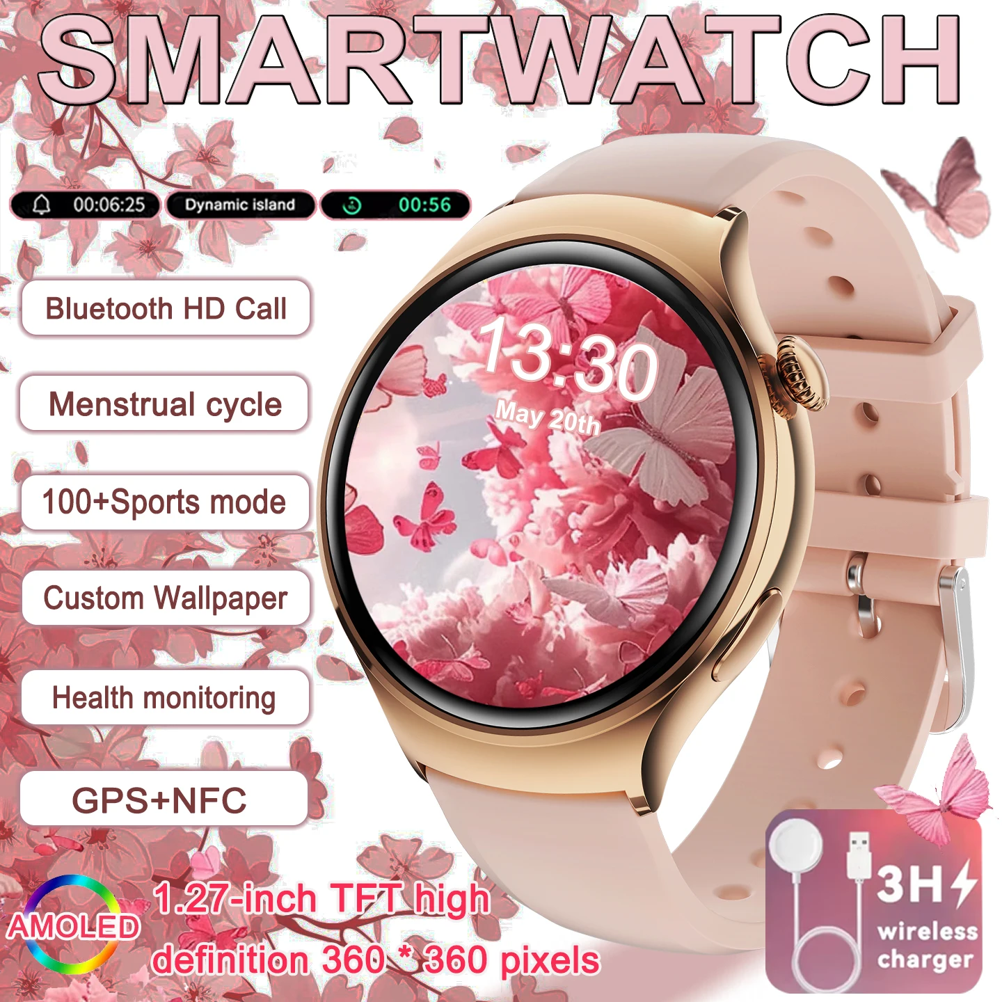 

2025 Новые модные умные часы для женщин 360*360 HD Экран NFC Спортивные часы с пульсометром Bluetooth Вызов Водонепроницаемые уличные умные часы для женщин
