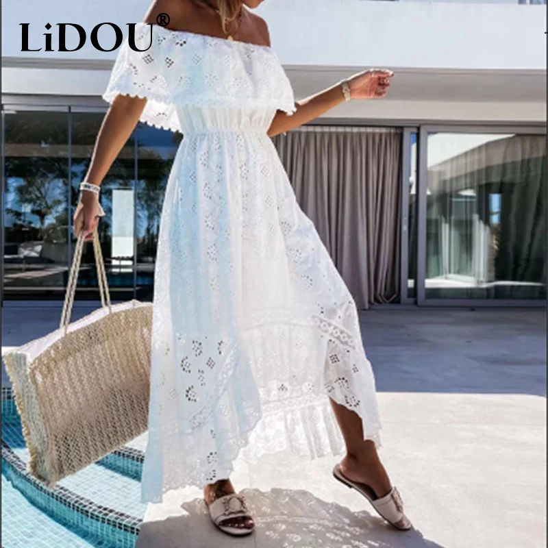 Summer 2022 Boho One Word Collar Lace Hook Flower Hollow Irregular White Long Dresses Lady Sexy Off Shoulder Beach Casual Dress