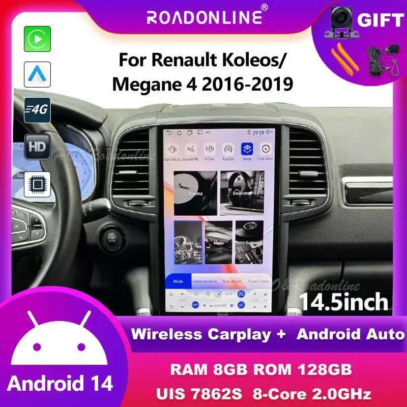 

14.5 inch For Renault Koleos/Megane 4 2016-2019 Android 14 tesla style Octa Core 8+256G Car Multimedia Player Stereo Radio
