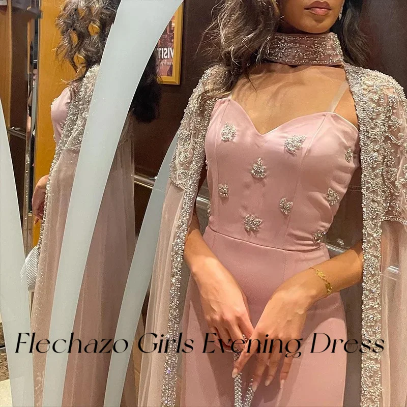 Flechazo Pink Luxury Prom Dresses Sweetheart Handmade Beads Cape Formal Party Elegant Dress For Women 2024 vestidos de noche