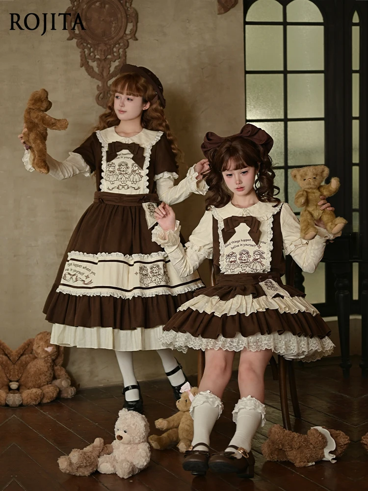 

Doll Feel Embroidered Color-Block OP Twinset Autumn Winter Lolita Ruffled Embroidered Long OP + Bowknot Brooch