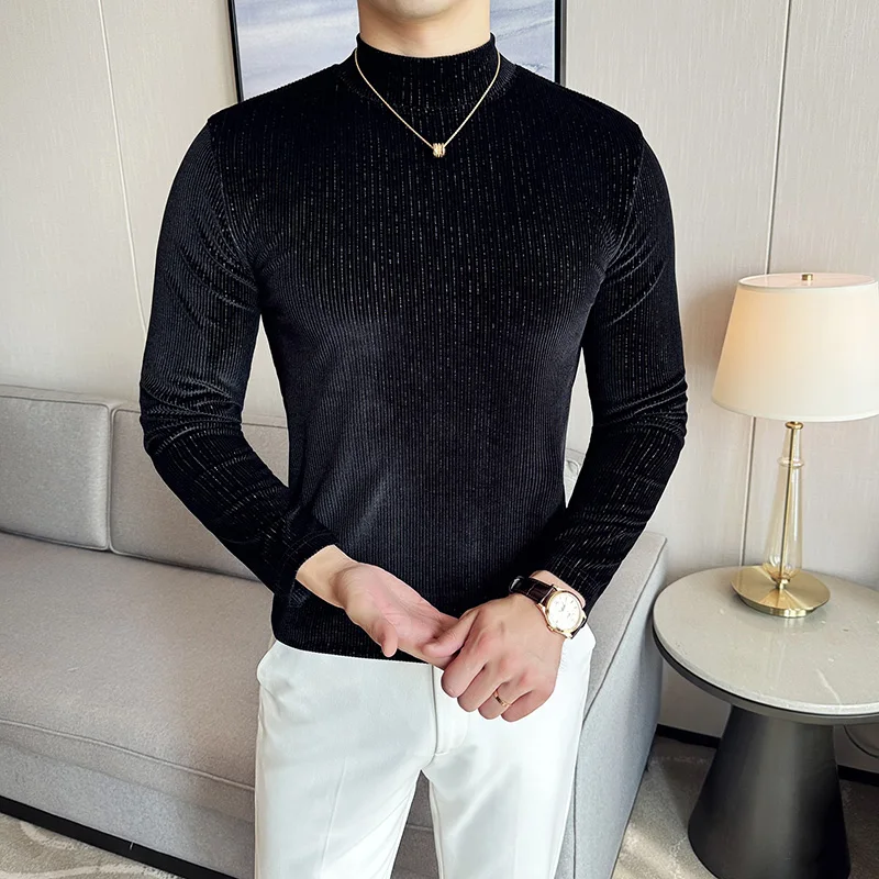 Autumn Luxury Velvet Half High Neck T-shirts Men Striped Business Casual Base Shirt Long Sleeved Elastic Comfortable Pullovers