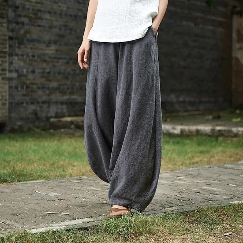 Spring Summer 2023 Cotton Linen Style Bloomers Wide Leg Pants Women Vintage Full Length Elegent Pants Solid Elasitic Waist S-5XL