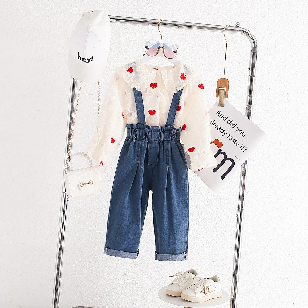 Children Girls Polka Dot Shirt + Denim Overalls Pants Suit Spring 2023 New Autumn  Baby Kids Girl Two-piece Clothing Set