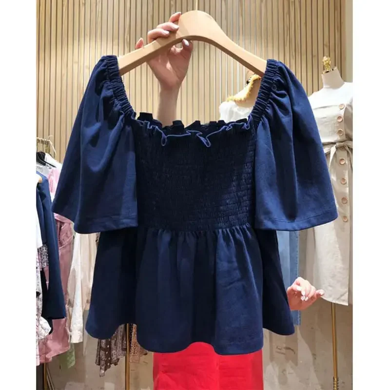 Pleated Square Neck Short Sleeves Shirt for Women Summer Slim Fit Bubble Sleeves Small Chic Pullover Top Fashion Women Clothing