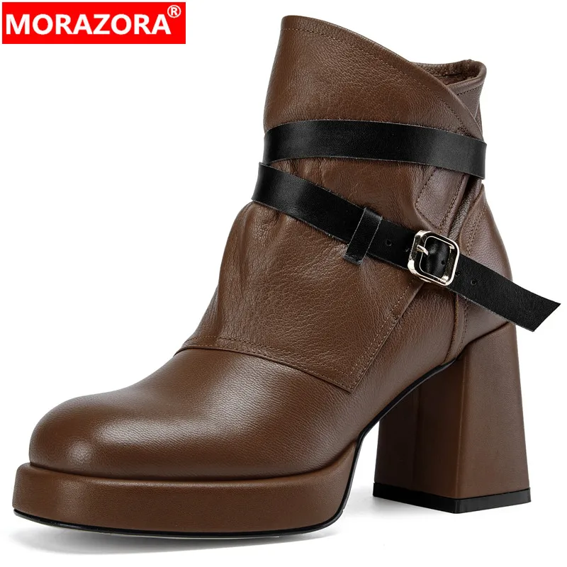 

MORAZORA 2024 New Mixed Colors Sheepskin Leather Boots Female Buckle Autumn Boots Zipper Platform Ankle Boots For Women