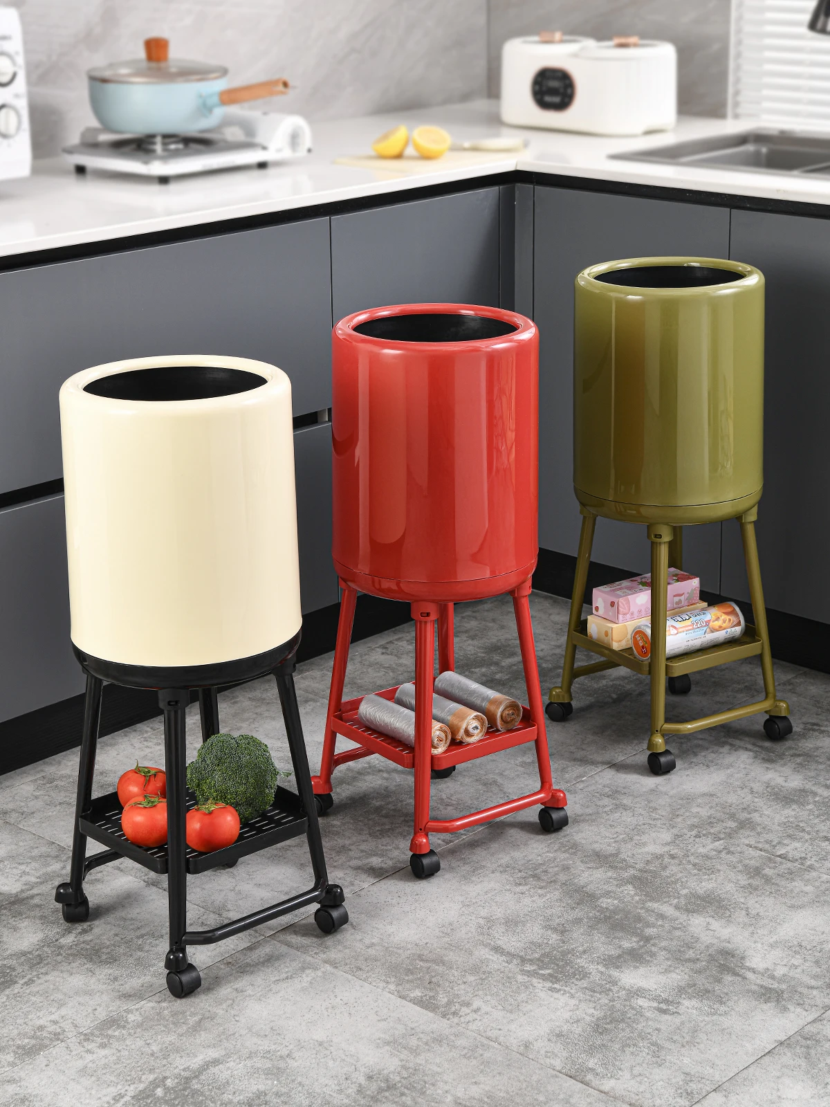 

Kitchen Tra Can High Capaci Floor Standing No Bending Cover Included Mobile Food Waste Buet Retro Sle Plastic Material