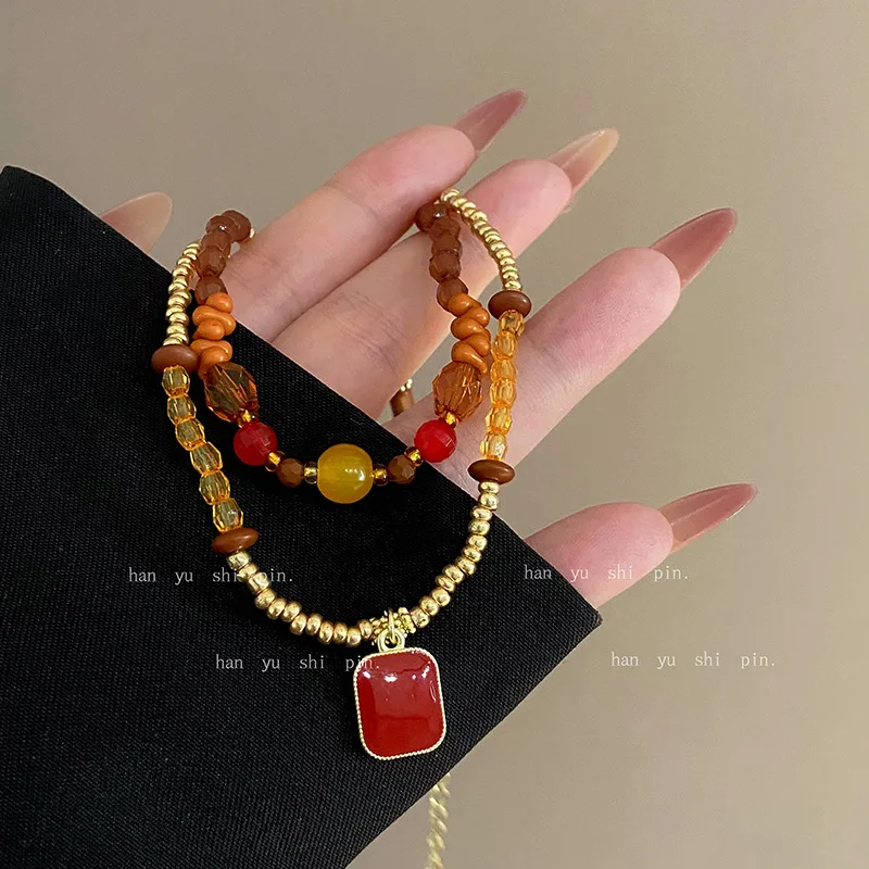 New Chinese color double layer women fashion senior sense Dunhuang color matching hand beaded collarbone chain