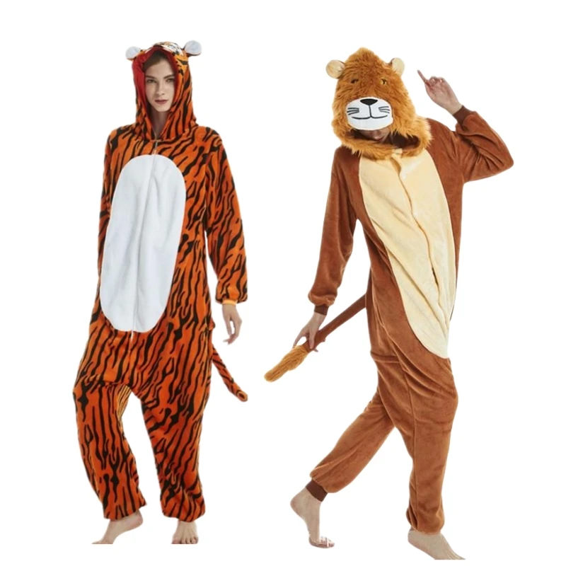 Adulti pigiama animale leone tigre Costume Cosplay tutina pigiameria per uomo donna Homewear inverno flanella Cartoon pigiama tute