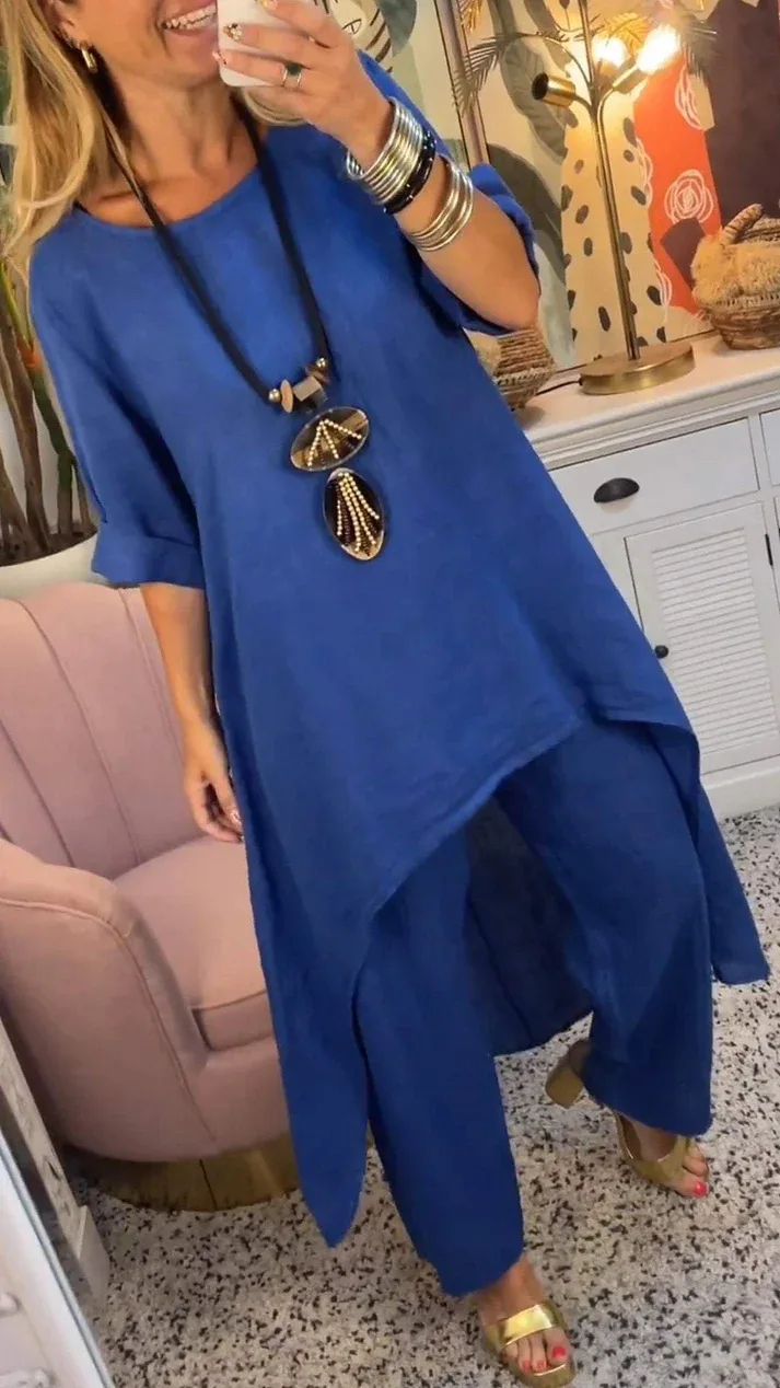 

Casual Solid Color Two Piece Set Women Spring New Loose O-neck Long Sleeve Asymmetric Pullover Top Elastic Waist Trousers Set