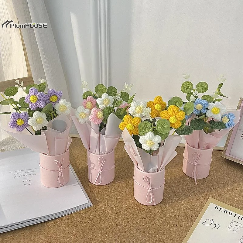 1 unidad de ramo de margaritas tejido a mano con ganchillo, para el Día de la Madre, San Valentín, cumpleaños, boda, decoración del hogar