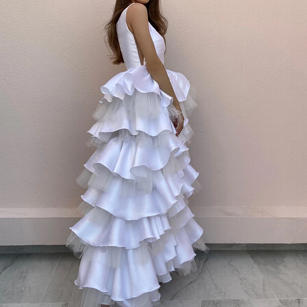 Modern Pleats Ruffles Tiered Scoop Evening Dresses Temperament A-Line Spaghetti Straps Satin Organza Party Gowns فساتين سهرة