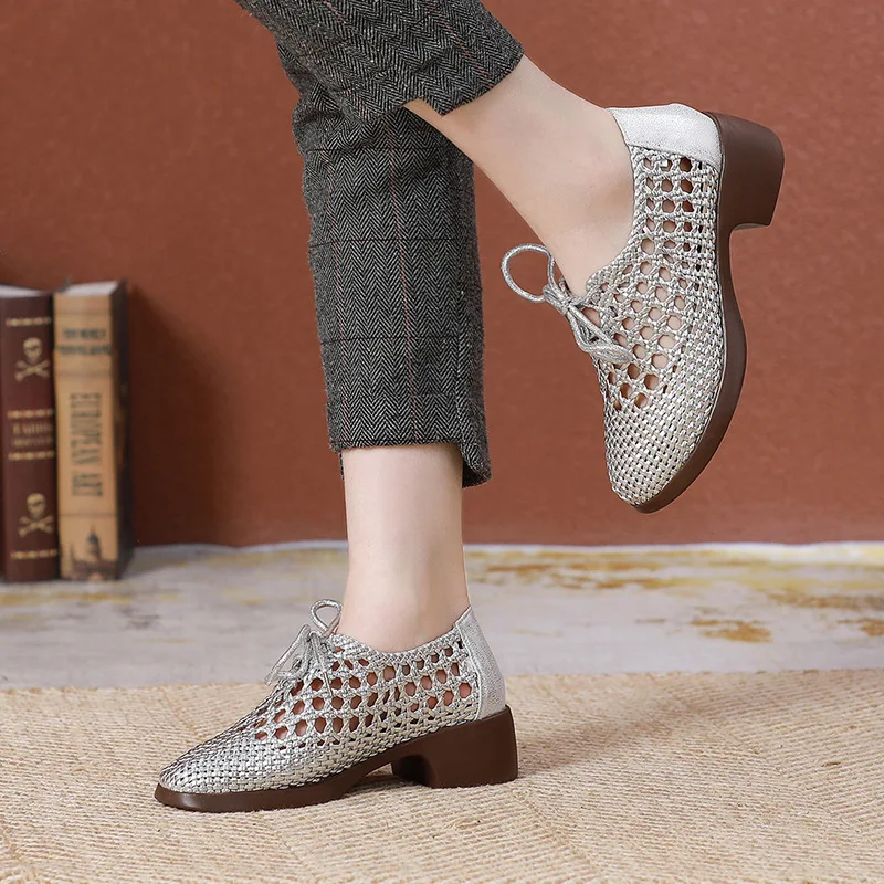 GKTINOO Genuine Leather Woven Thick Heels Women\'s Shoes 2024 Summer New Lace-up Soft Sole Casual Hollow Breathable Sandals