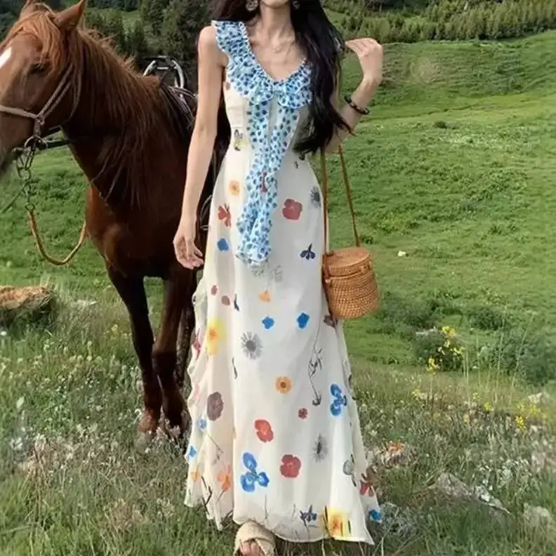 French Style Floral Print Off Shoulder Maxi Women's Casual Summer Beautiful Long Dress Empire Waist Ankle Length Skirt