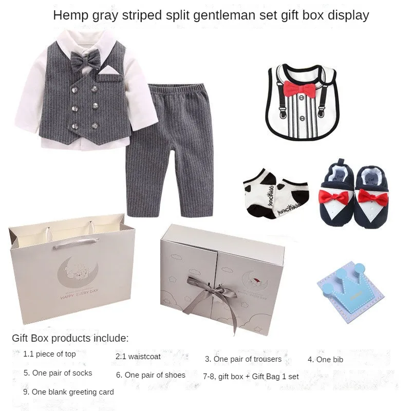 Autumn Spring Baby Boy Gentleman Gift Box Romper Suit for Newborn Birthday Gift