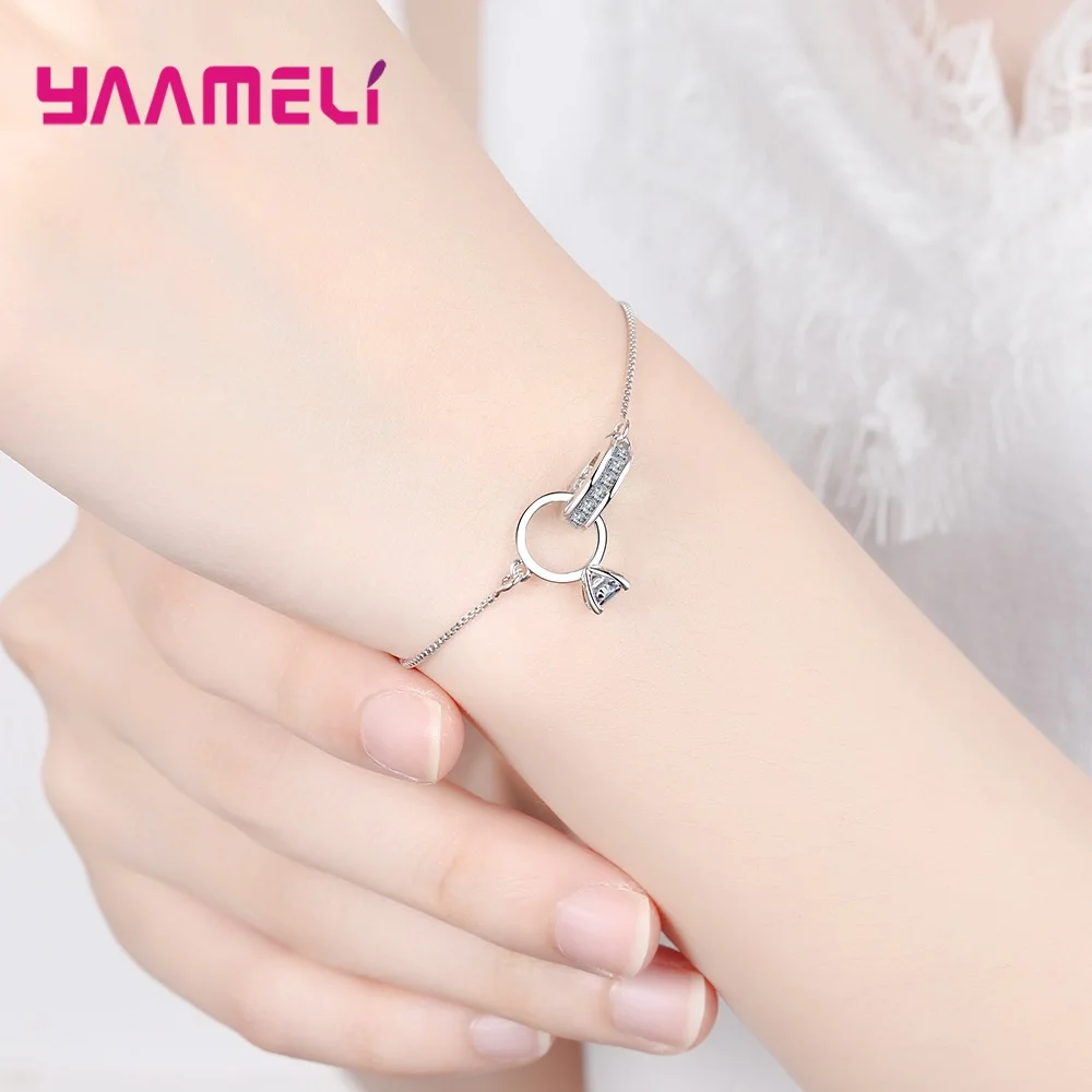 Shiny 925 Sterling Silver Double Circle Cubic Zircon Crystal Bracelets for Women Girls Anniversary Party Fashion Jewelry Gifts