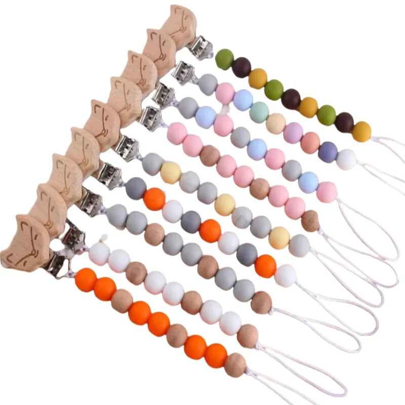 Food Grade Silicone Baby Pacifier Chain Cute Fox Wood Clip Anti-Lost Teething Chain