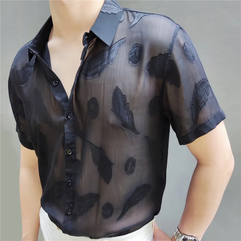 

Sexy Transparent Shirt Men Black Summer Short Sleeve Slimfeather Leaves Pattern Shirt Club Party Chemise Homme Camicia Uomo