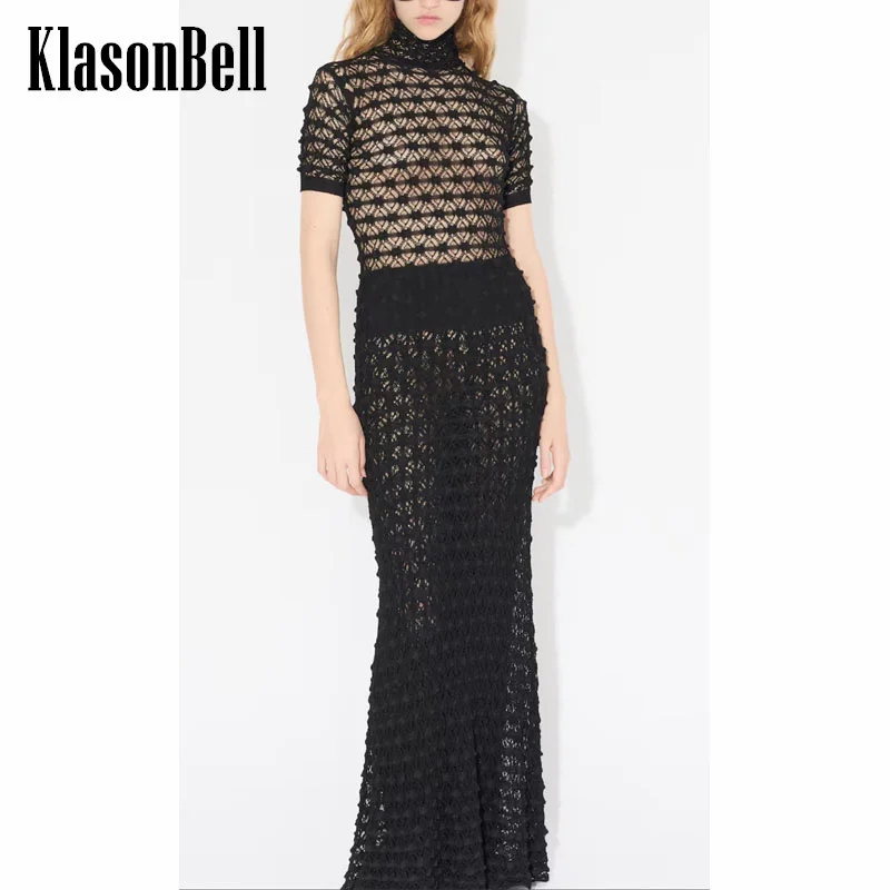 12.31 KlasonBell Temperament Sexy Sheer Hollow Jacquard Knit Short Sleeve Dress + Suspender Lining Trumpet Mermaid Long Dress