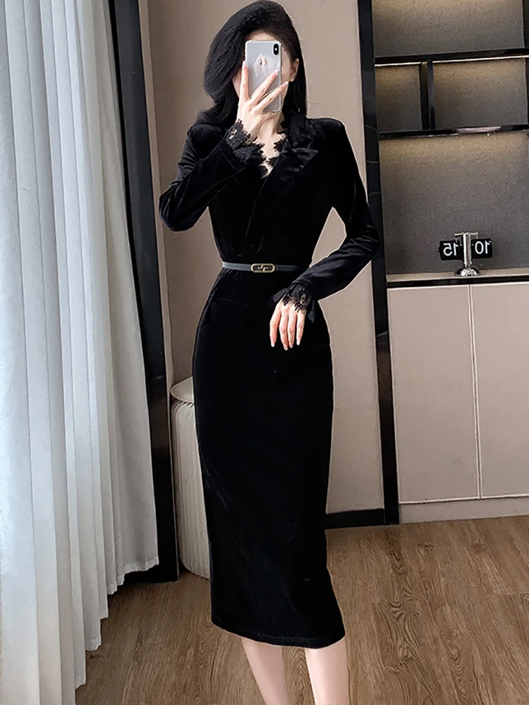 2025 Black Velvet Chic Lace V-Neck Long Dress Women Elegant Bodycon Bandage Dress Autumn Winter Korean Luxury Party Night Dress