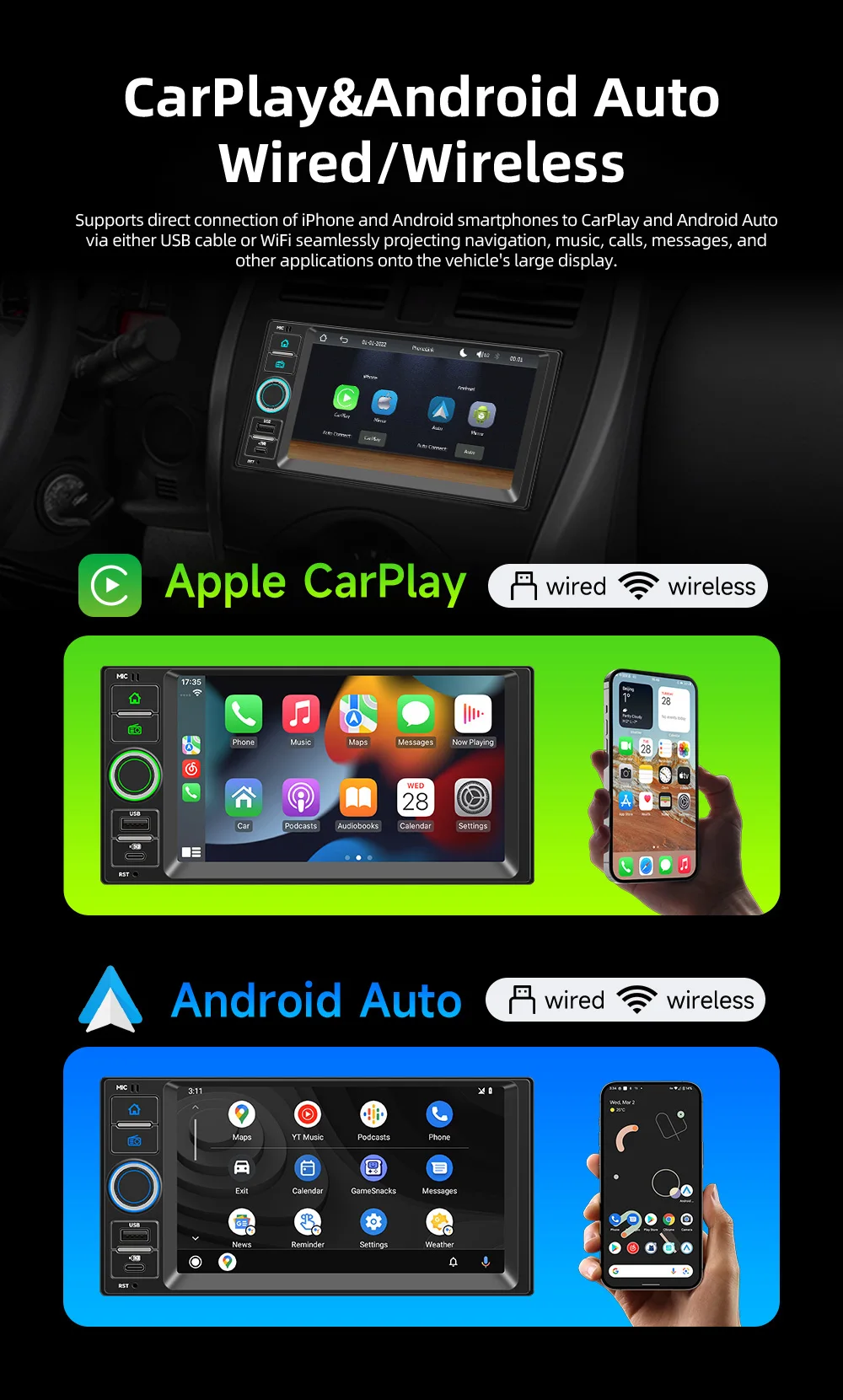 BQCC 7 Inch 2DIN Car MP5 For Nissan Versa March Sentra NV200 NV1500 Type-C RDS FM AM BT Wireless CarPlay 7 Color Ambient Light